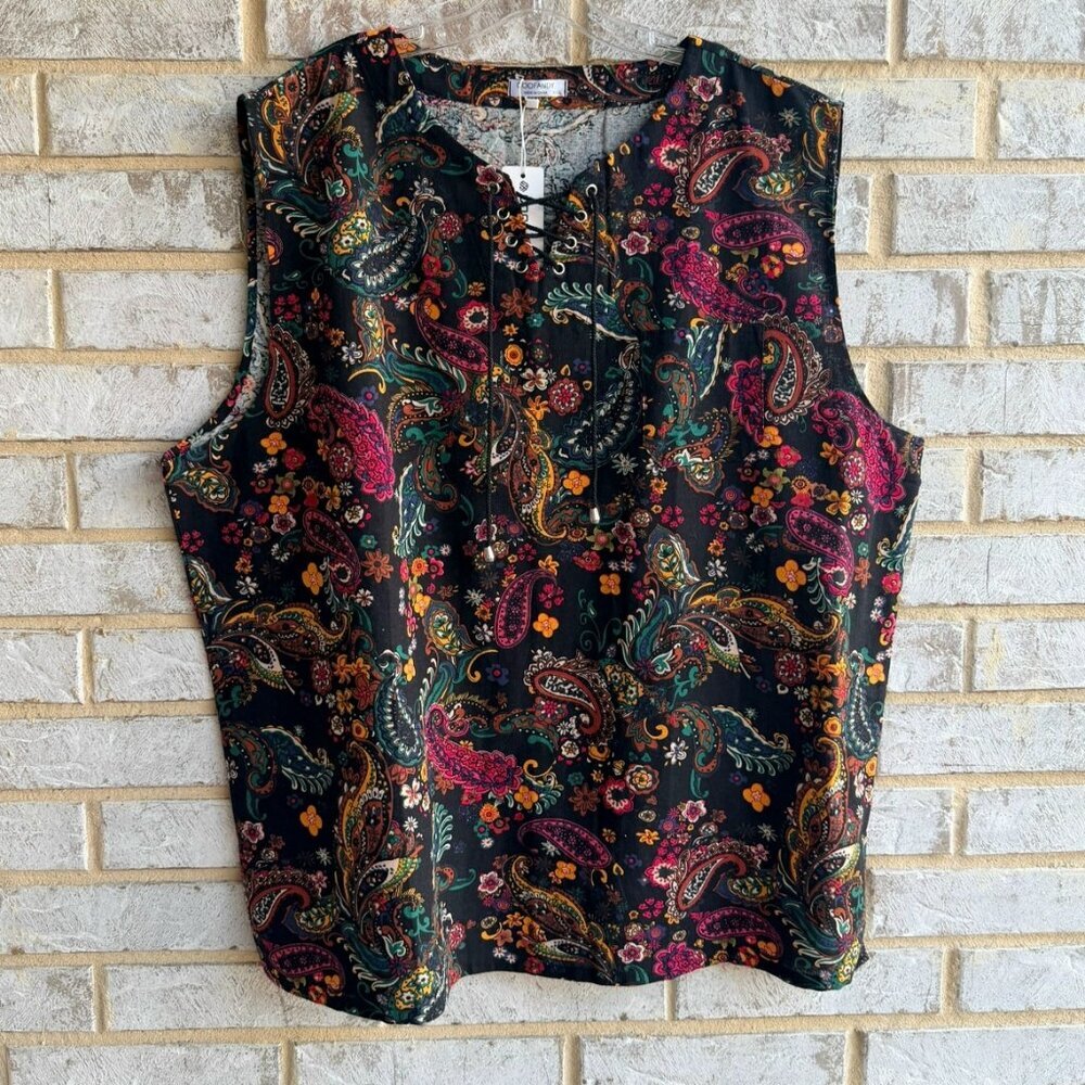 COOFANDY Sleeveless Lacing V-Neck Multicolor Paisley Tunic Tank Top Size XXXL.